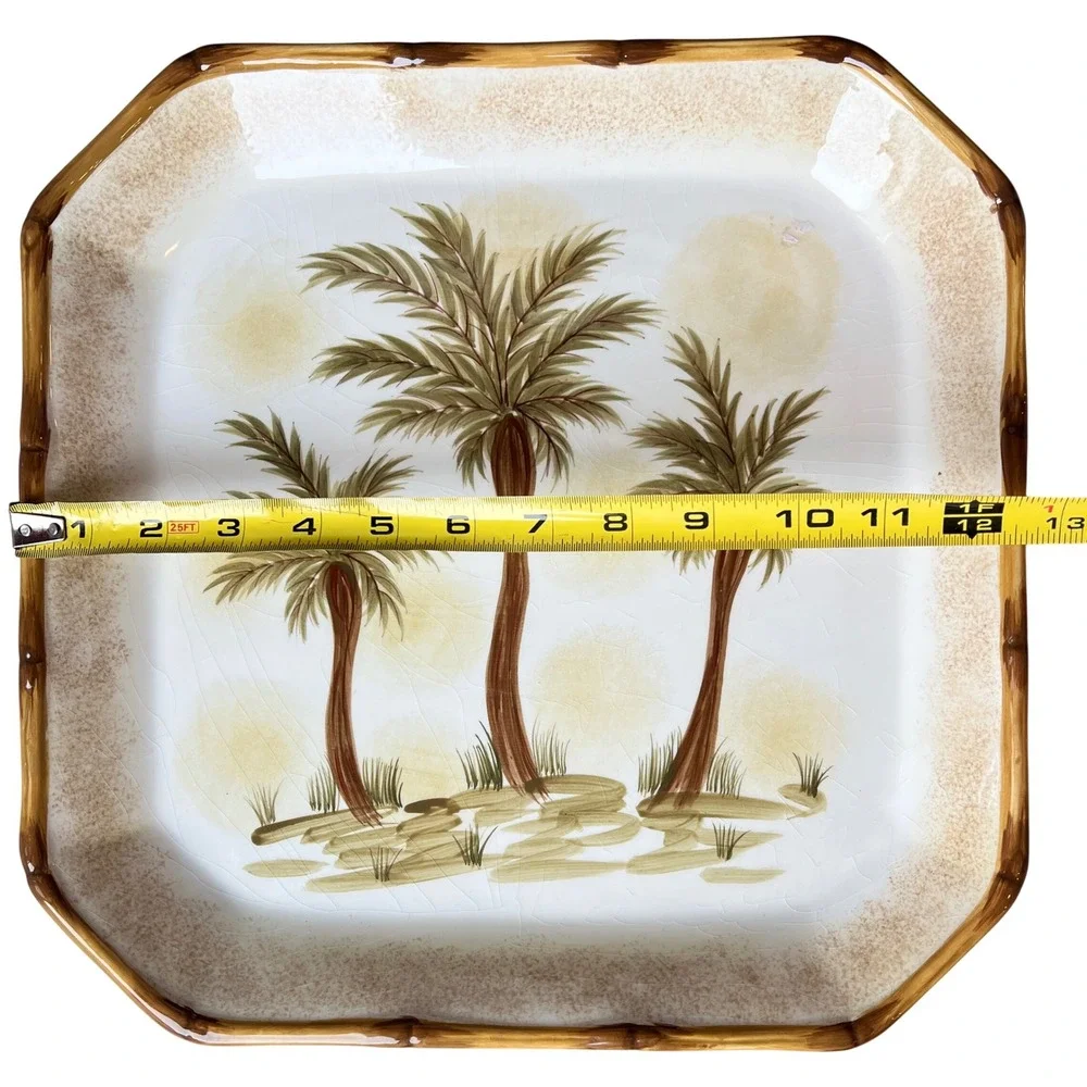 Today's Living Palm Tree Square Platter Faux Bamboo Rim Tropical Coastal 12in